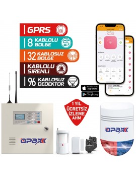 OPAX-2646+BGR-10+ AKÜ GPRS ALARM PANELİ & BGR-10 KABLOLU SİRENLİ FULL SET